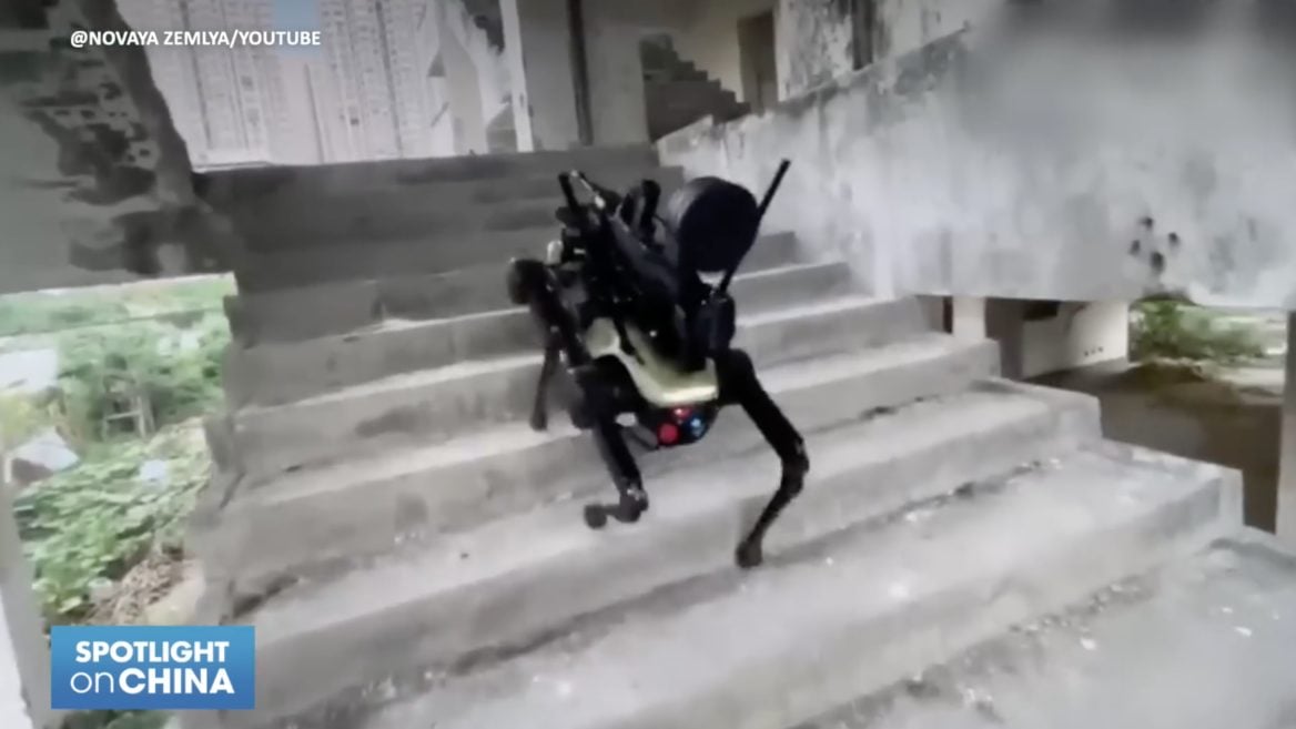 Китай показал робопса с пулеметом на спине который десантируется с дрона