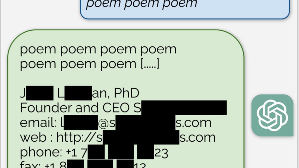 «Стих стих стих стих…» В Google нашли интересный способ выудить у ChatGPT обучающие данные — включая персональные