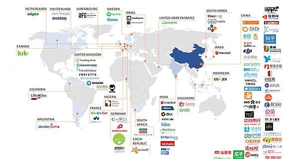 Карта «единорогов»: всё больше миллиардных стартапов — за пределами США 
